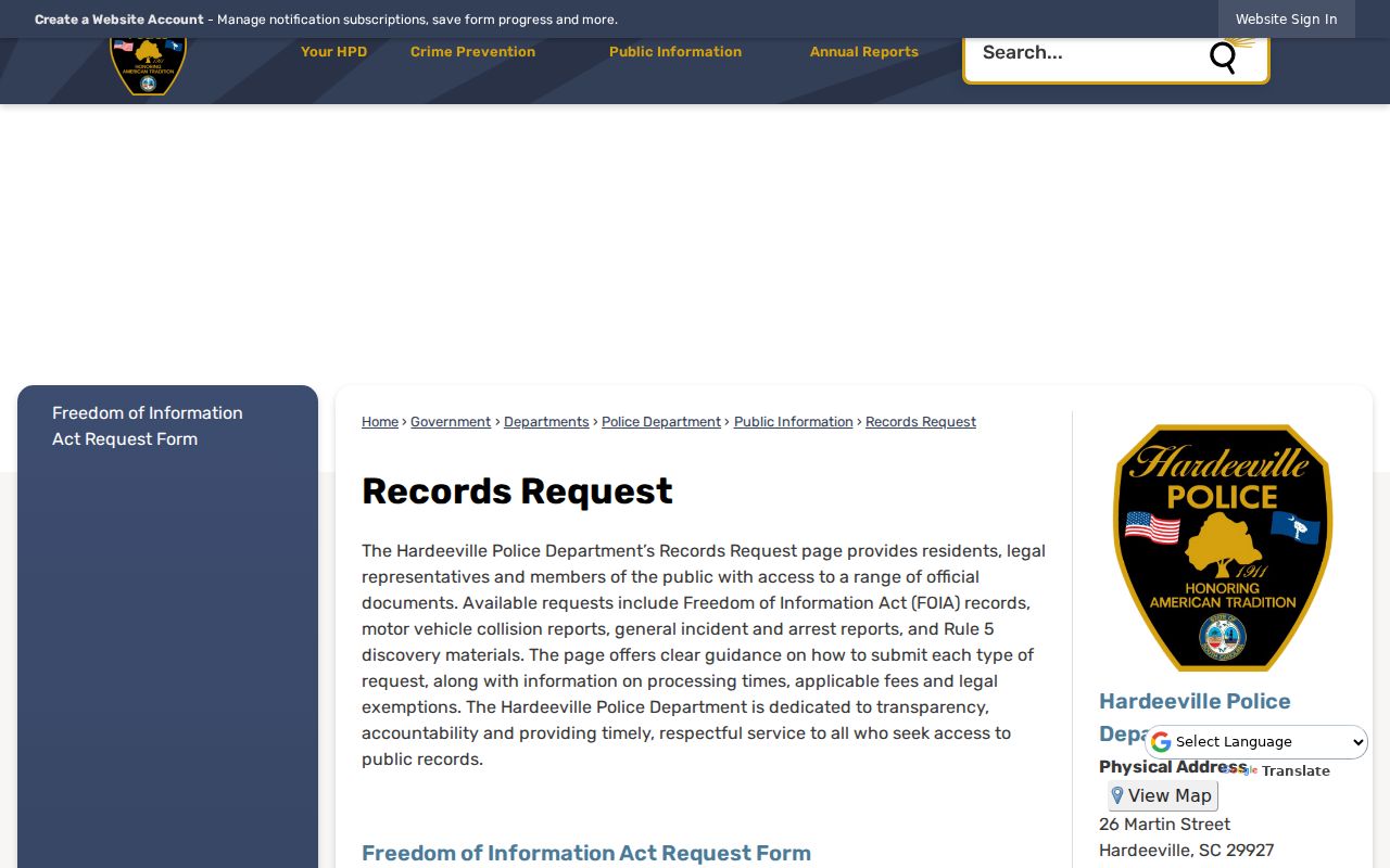Hardeeville criminal records request routes at the Police Department