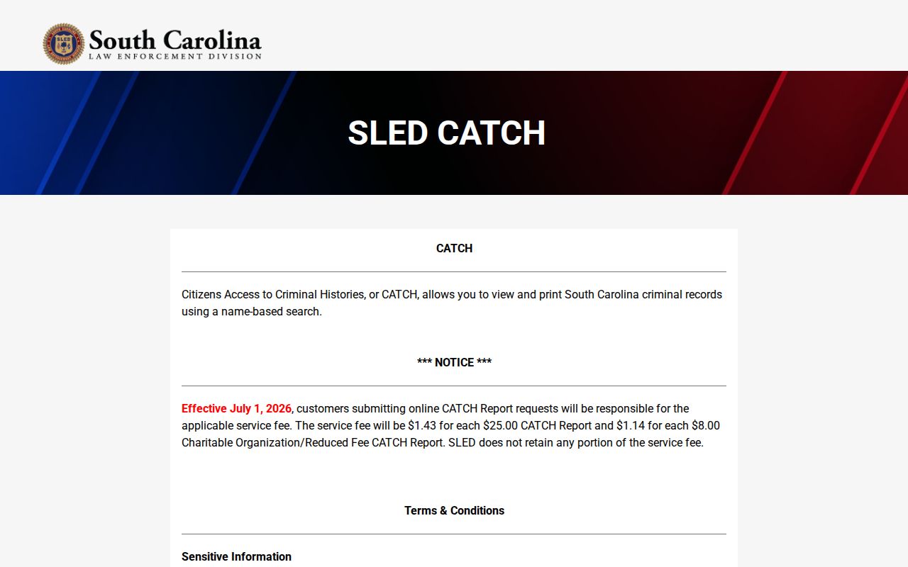 Jasper County criminal history SLED CATCH background check portal